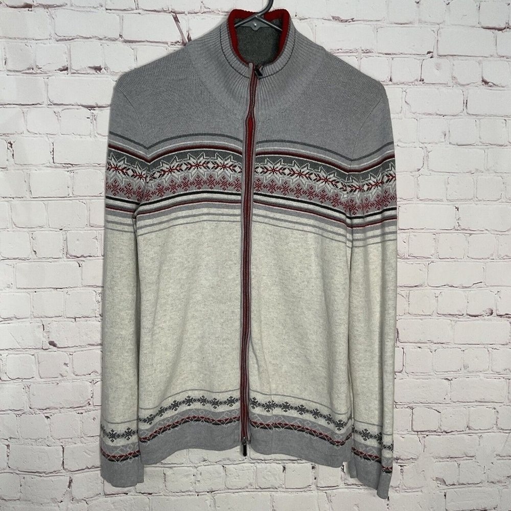 VTG Eddie Bauer Gray/Red Fair Isle Snowflakes Full Zip Sweater Women S China